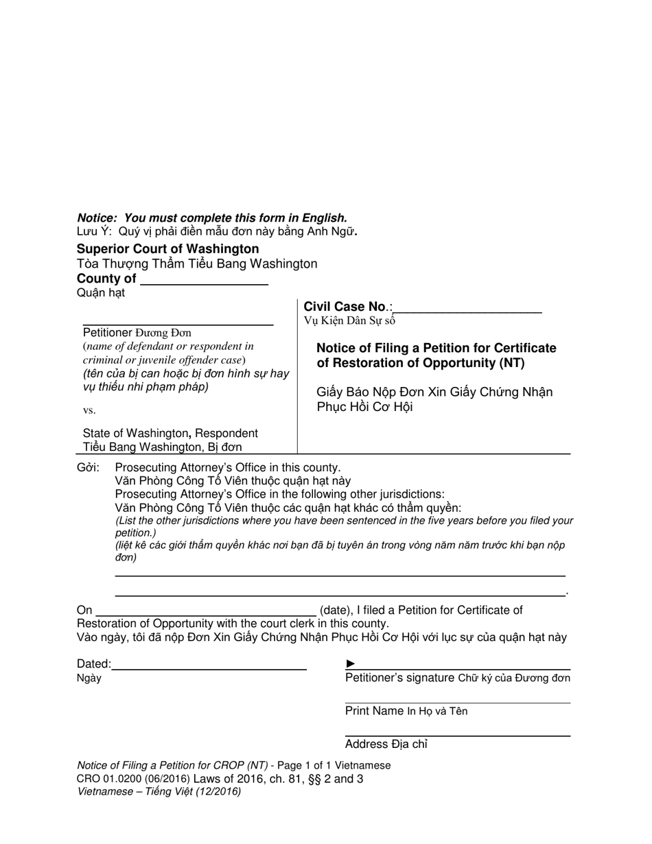 Form CRO01.0200 Notice of Filing a Petition for Certificate of Restoration of Opportunity (Nt) - Washington (English / Vietnamese), Page 1