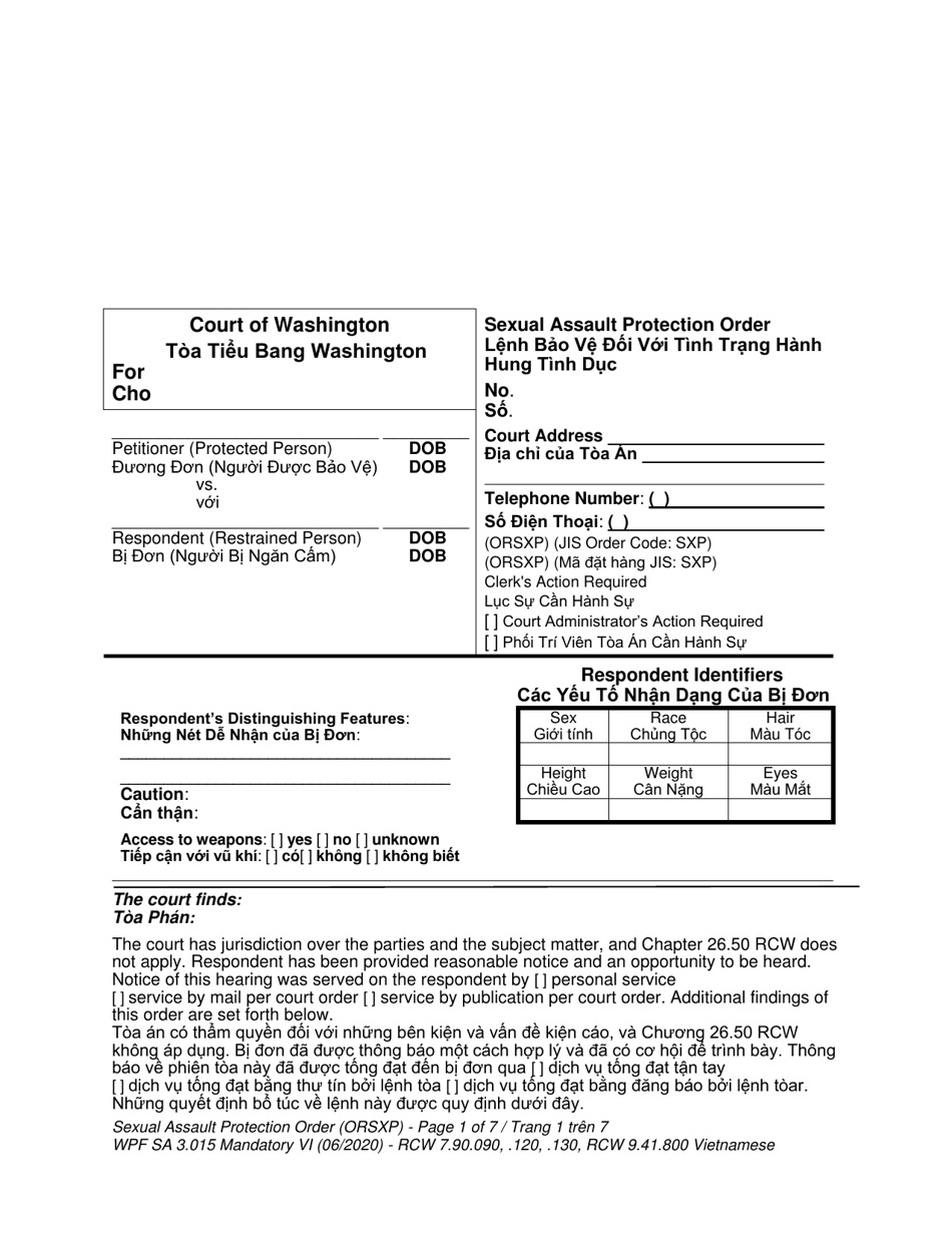 Form WPF SA-3.015 Sexual Assault Protection Order - Washington (English / Vietnamese), Page 1
