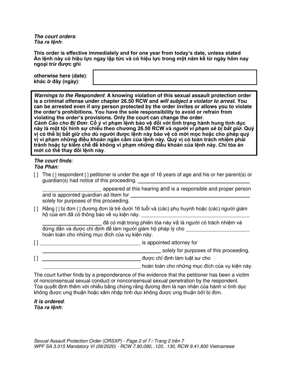 Form WPF SA-3.015 Sexual Assault Protection Order - Washington (English / Vietnamese), Page 2
