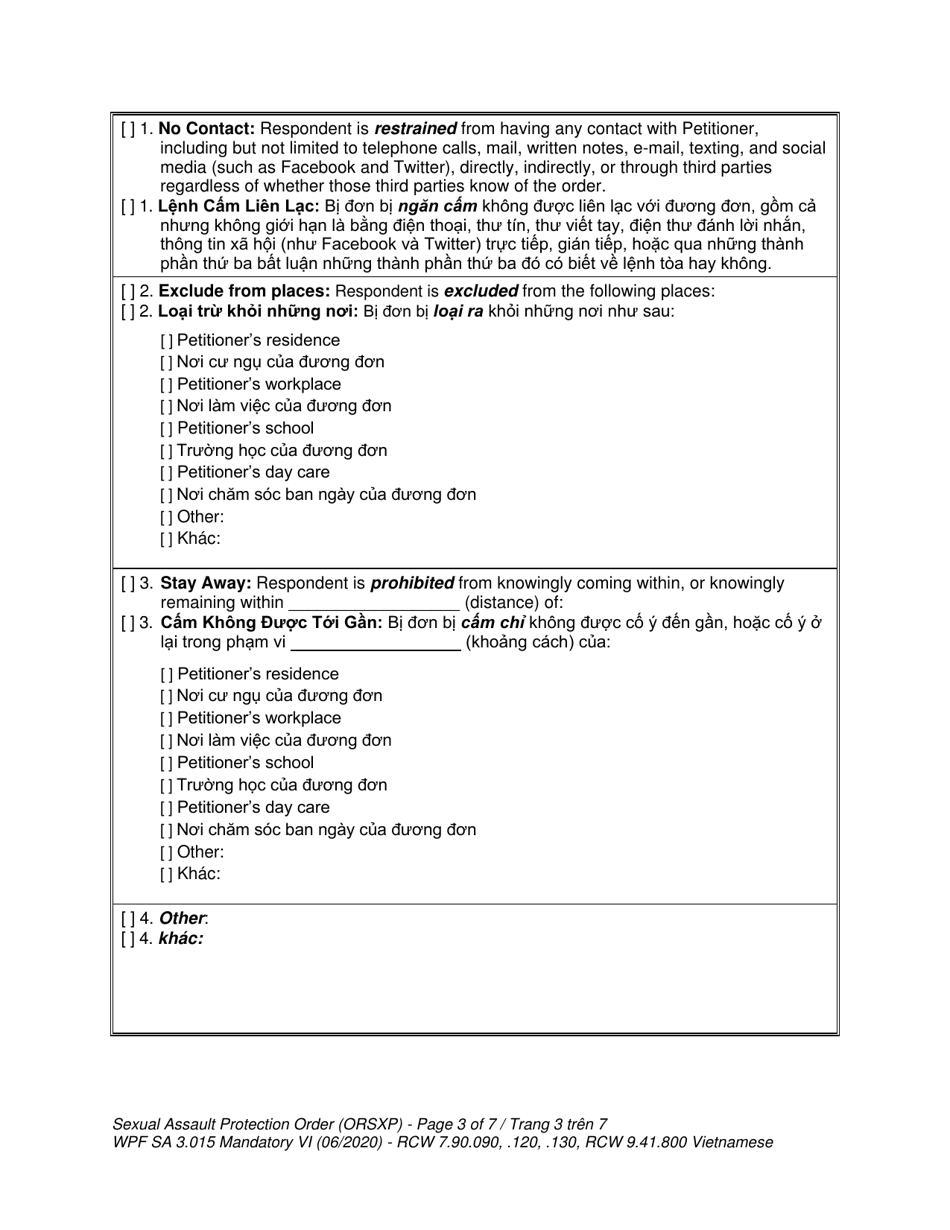 Form WPF SA-3.015 Sexual Assault Protection Order - Washington (English / Vietnamese), Page 3
