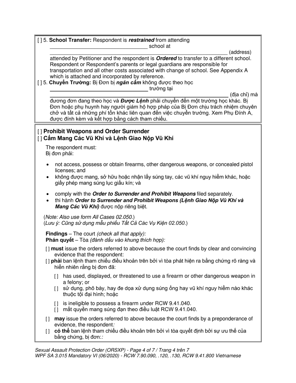 Form WPF SA-3.015 Sexual Assault Protection Order - Washington (English / Vietnamese), Page 4