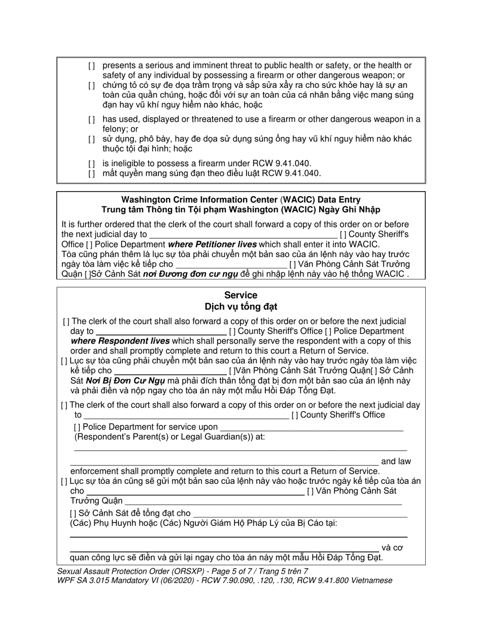 Form WPF SA-3.015 Sexual Assault Protection Order - Washington (English / Vietnamese), Page 5