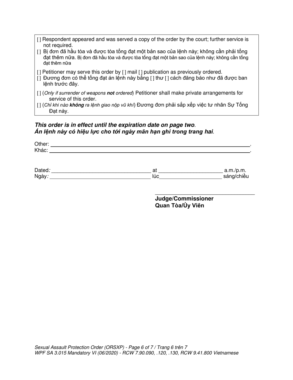 Form WPF SA-3.015 Sexual Assault Protection Order - Washington (English / Vietnamese), Page 6