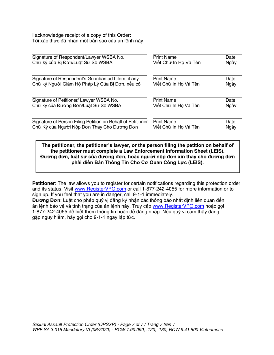 Form WPF SA-3.015 Sexual Assault Protection Order - Washington (English / Vietnamese), Page 7