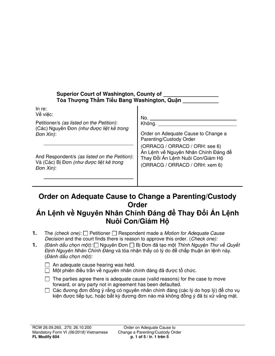 Form FL Modify604 Order on Adequate Cause to Change a Parenting / Custody Order - Washington (English / Vietnamese), Page 1
