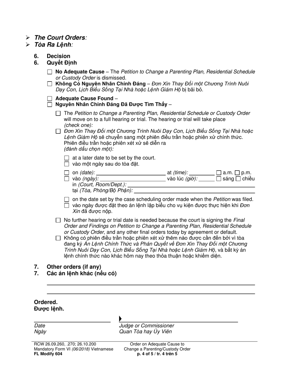 Form FL Modify604 Order on Adequate Cause to Change a Parenting / Custody Order - Washington (English / Vietnamese), Page 4