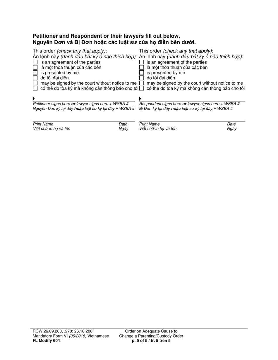 Form FL Modify604 Order on Adequate Cause to Change a Parenting / Custody Order - Washington (English / Vietnamese), Page 5