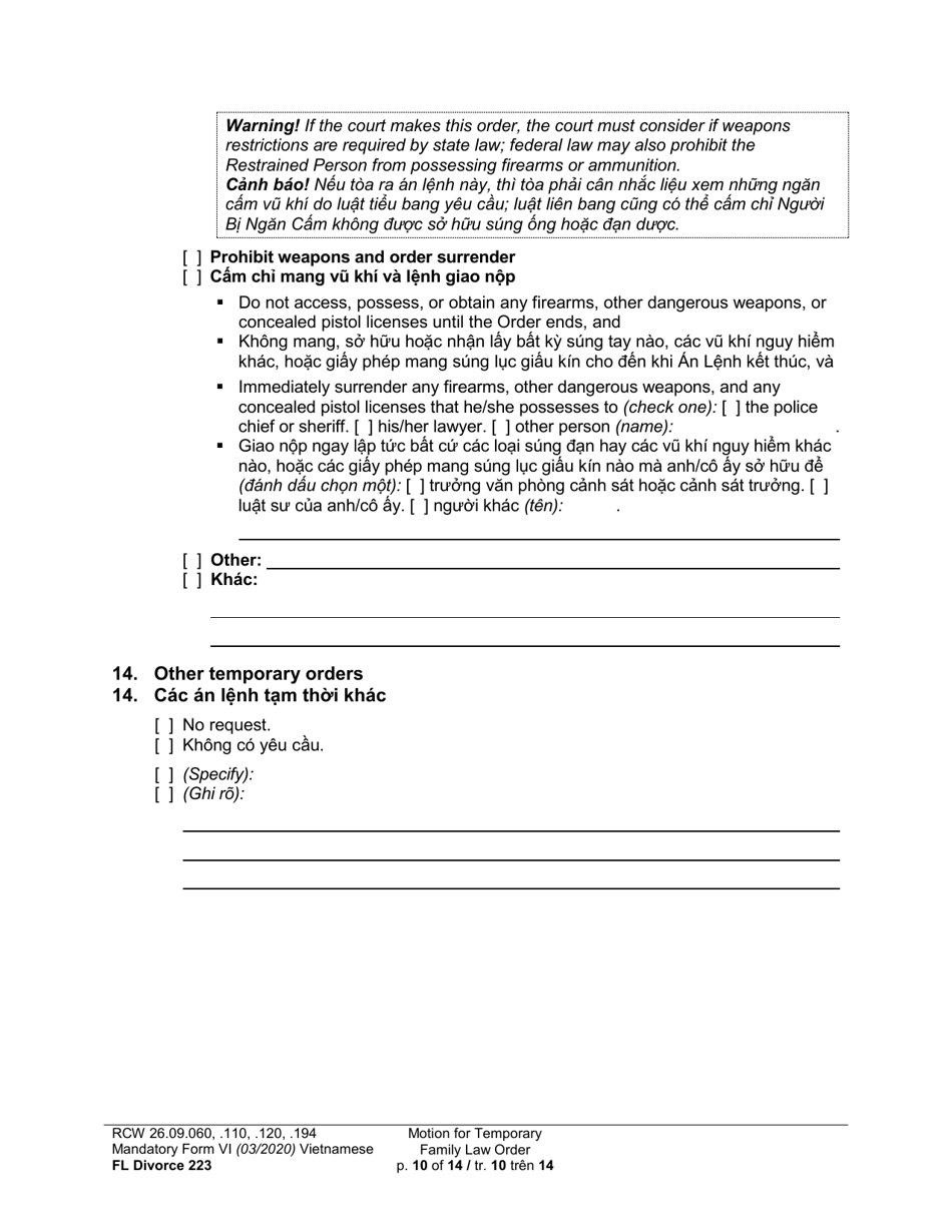 Form FL Divorce223 Motion for Temporary Family Law Order - Washington (English / Vietnamese), Page 10