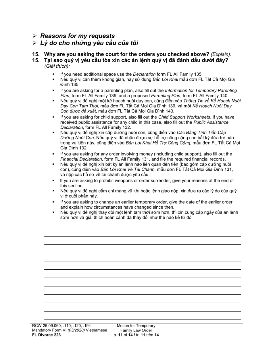 Form FL Divorce223 Motion for Temporary Family Law Order - Washington (English / Vietnamese), Page 11