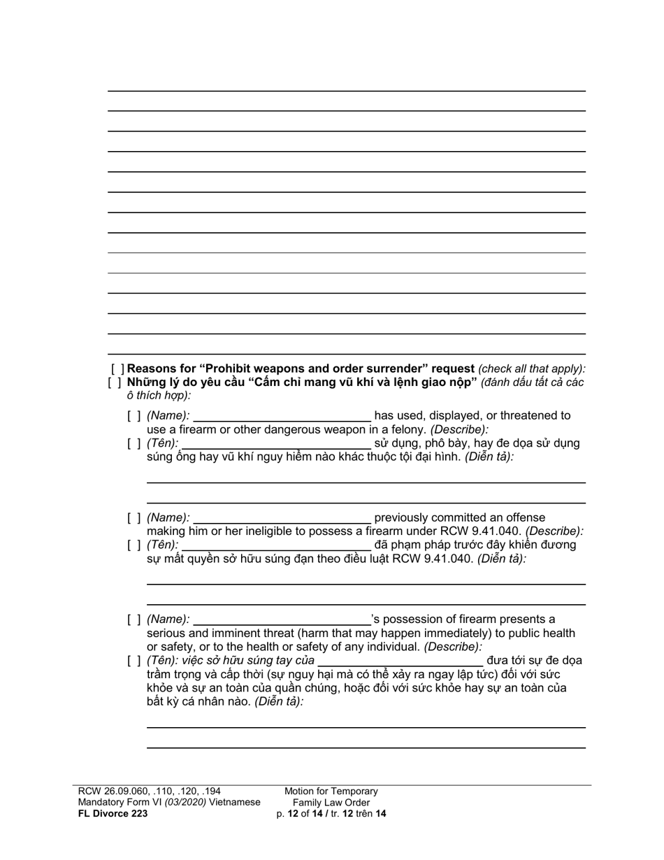 Form FL Divorce223 Motion for Temporary Family Law Order - Washington (English / Vietnamese), Page 12