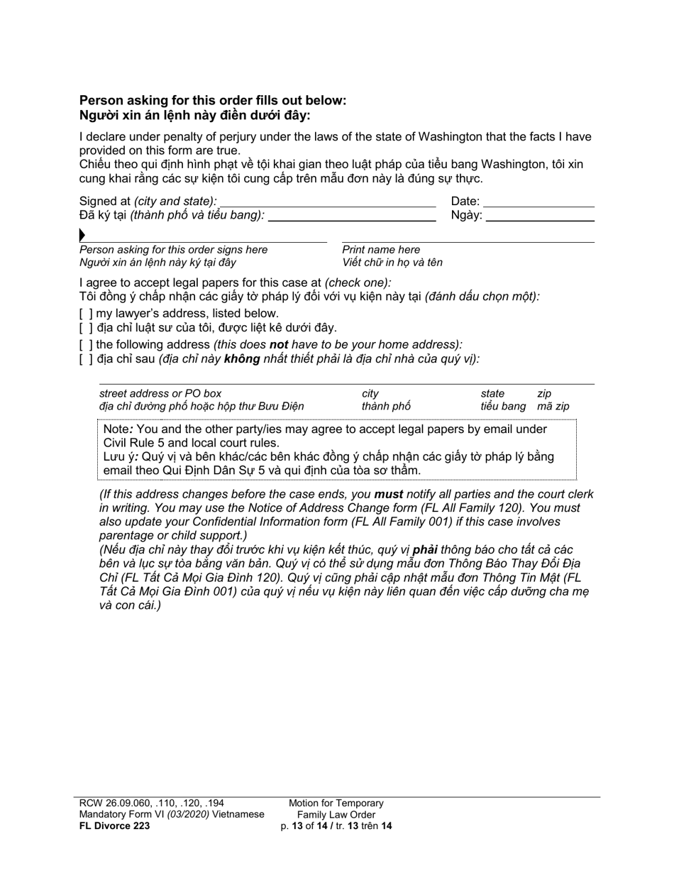 Form FL Divorce223 Motion for Temporary Family Law Order - Washington (English / Vietnamese), Page 13