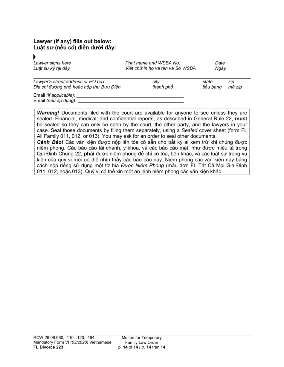 Form FL Divorce223 Motion for Temporary Family Law Order - Washington (English / Vietnamese), Page 14