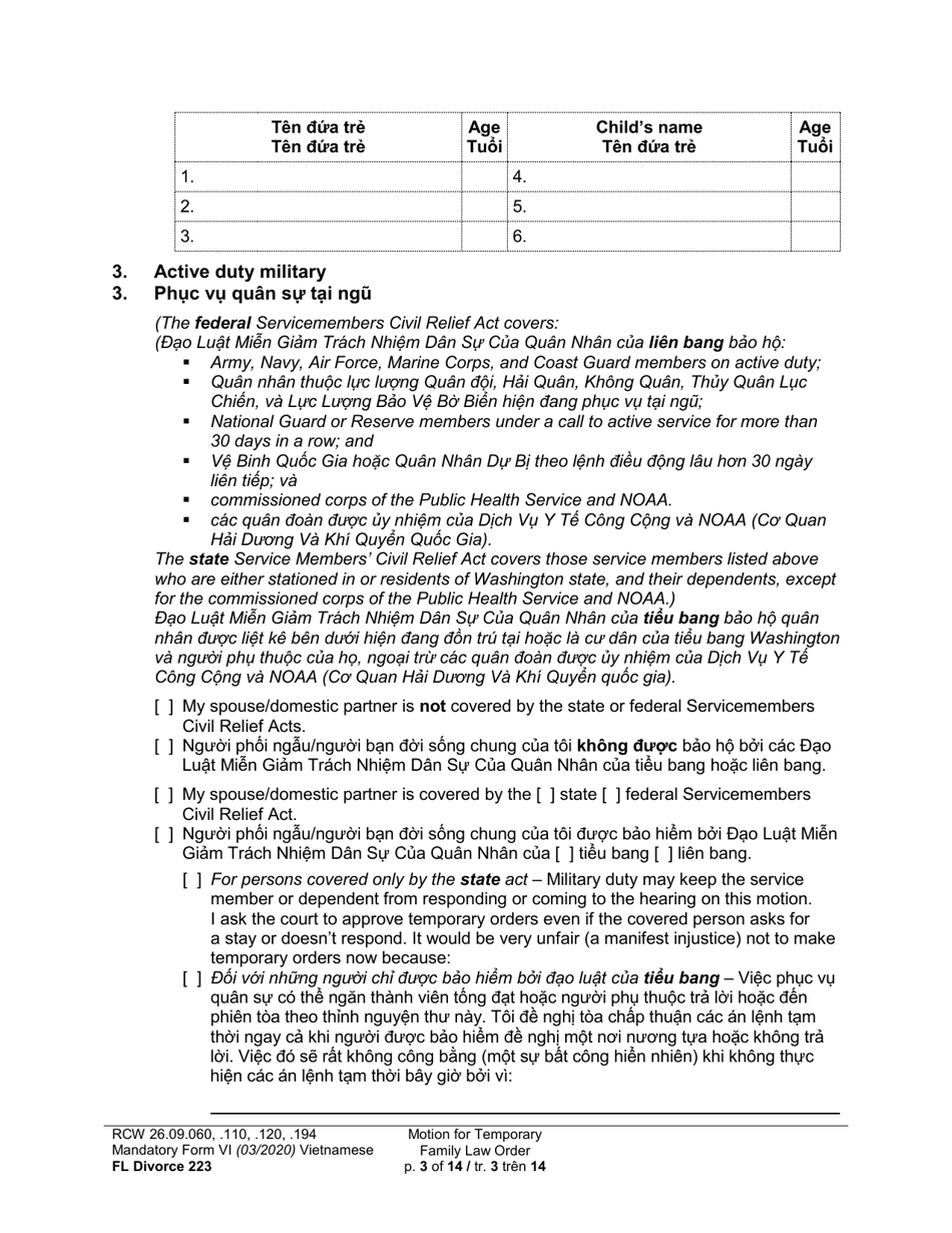 Form FL Divorce223 Motion for Temporary Family Law Order - Washington (English / Vietnamese), Page 3