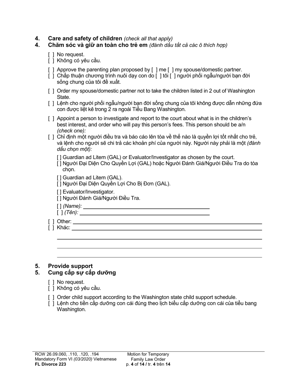 Form FL Divorce223 Motion for Temporary Family Law Order - Washington (English / Vietnamese), Page 4