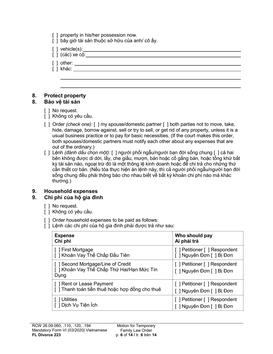 Form FL Divorce223 Motion for Temporary Family Law Order - Washington (English / Vietnamese), Page 6