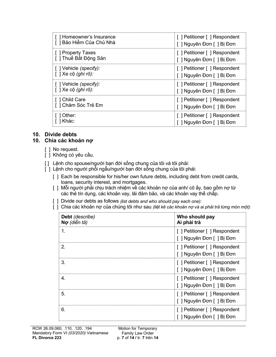 Form FL Divorce223 Motion for Temporary Family Law Order - Washington (English / Vietnamese), Page 7