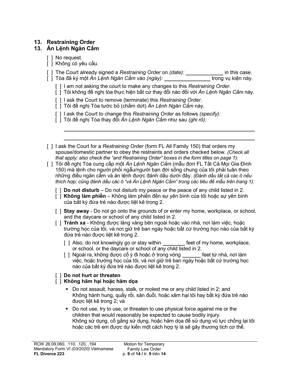 Form FL Divorce223 Motion for Temporary Family Law Order - Washington (English / Vietnamese), Page 9