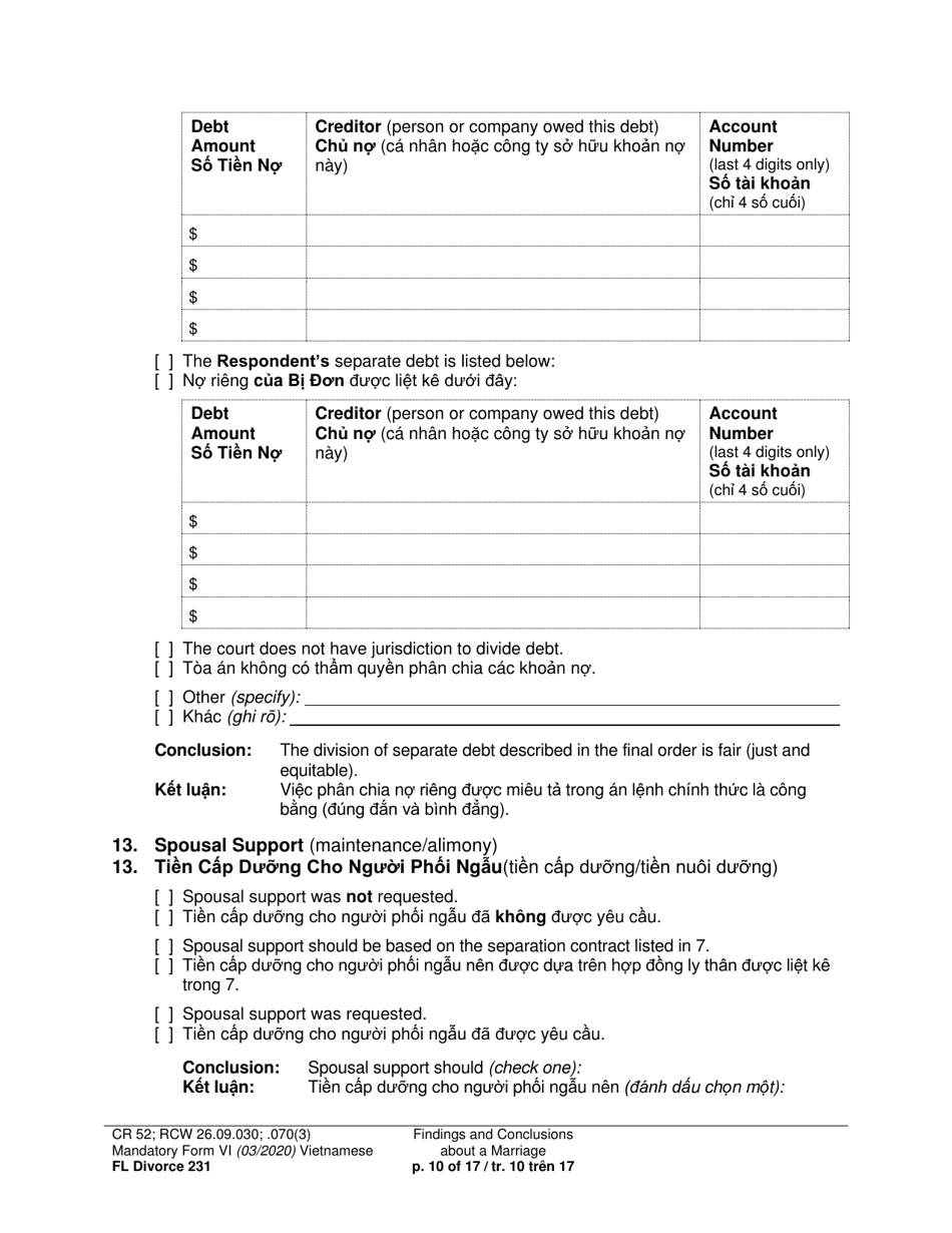 Form FL Divorce231 Findings and Conclusions About a Marriage - Washington (English / Vietnamese), Page 10