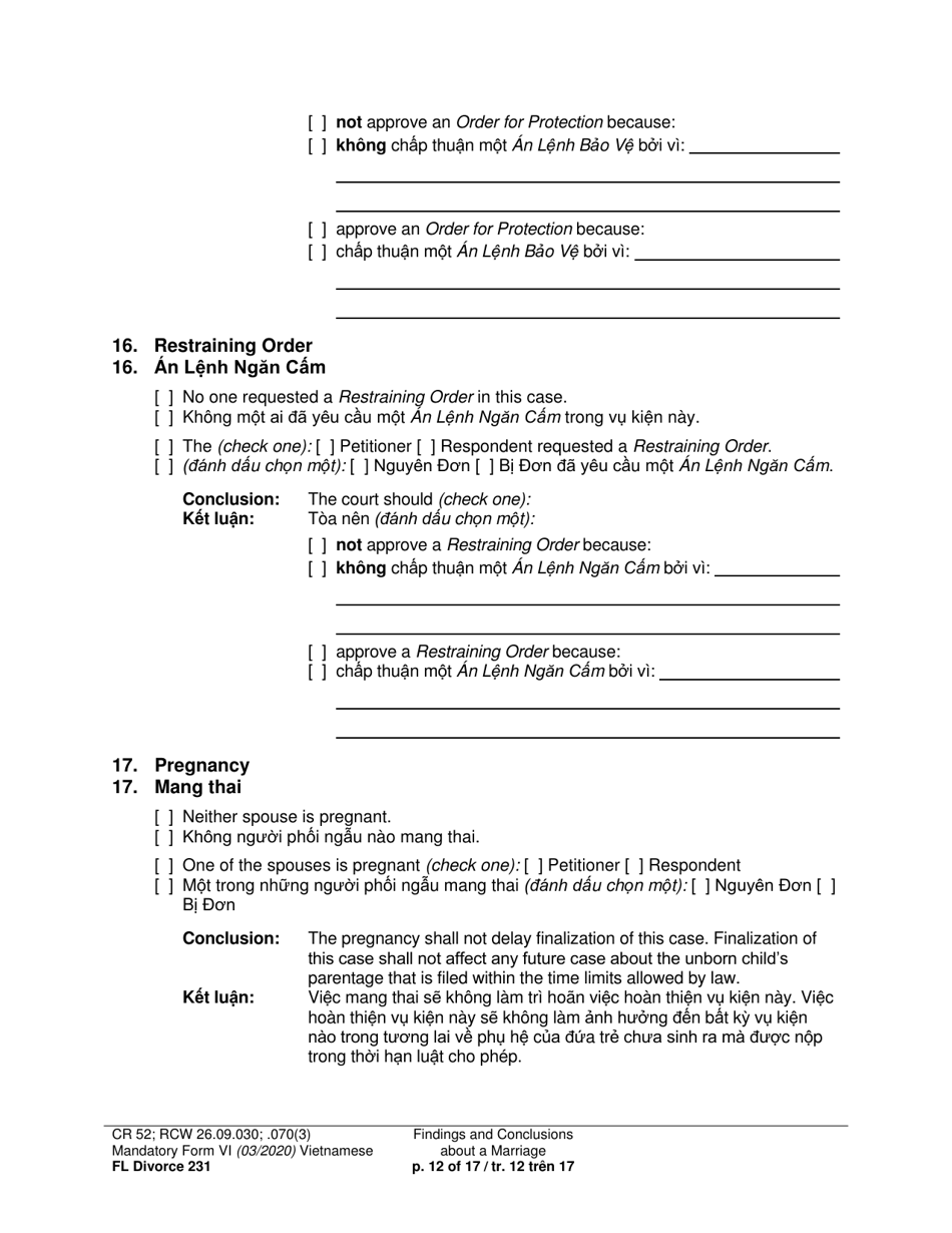 Form FL Divorce231 Findings and Conclusions About a Marriage - Washington (English / Vietnamese), Page 12