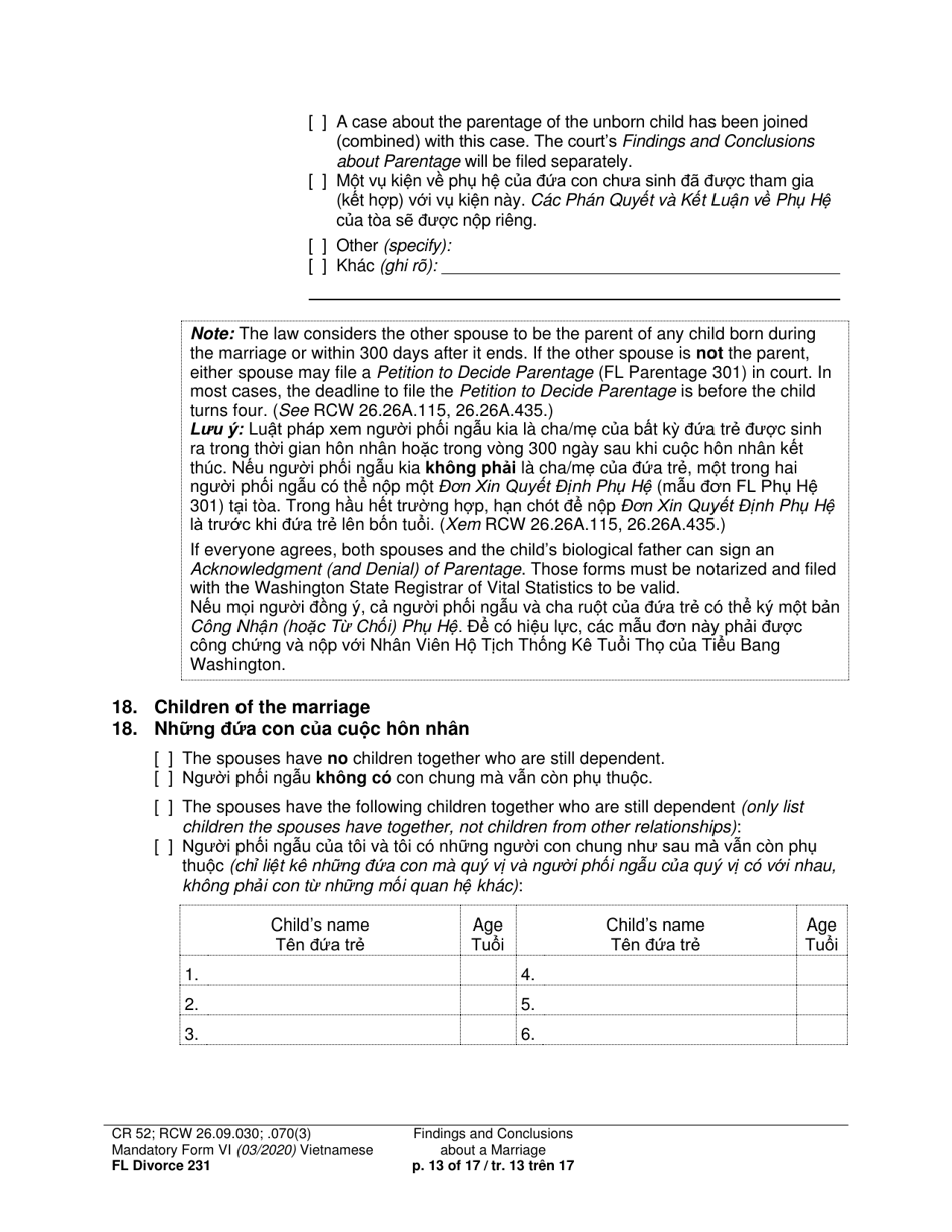 Form FL Divorce231 Findings and Conclusions About a Marriage - Washington (English / Vietnamese), Page 13