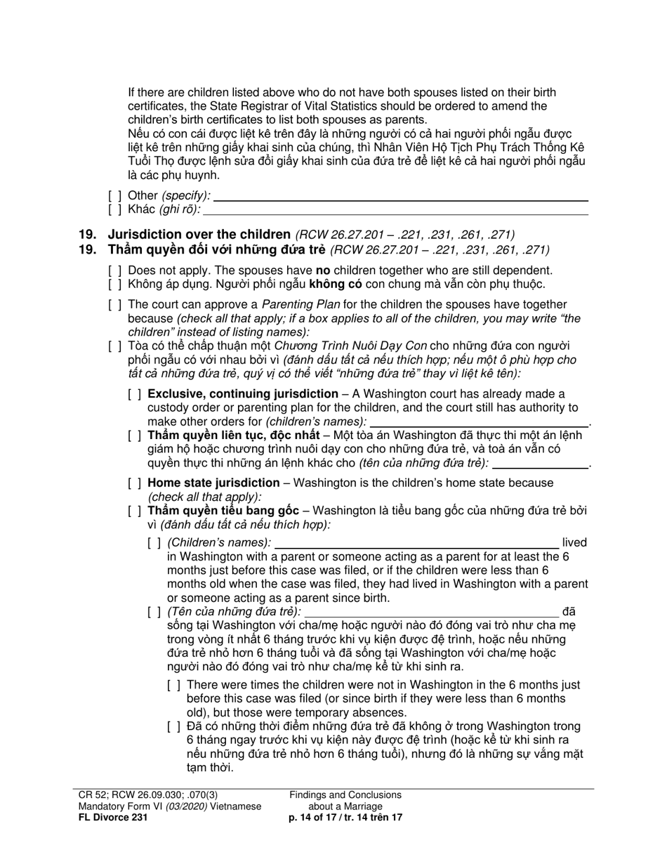 Form FL Divorce231 Findings and Conclusions About a Marriage - Washington (English / Vietnamese), Page 14