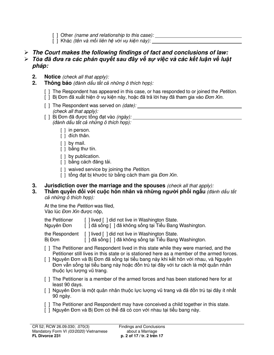 Form FL Divorce231 Findings and Conclusions About a Marriage - Washington (English / Vietnamese), Page 2
