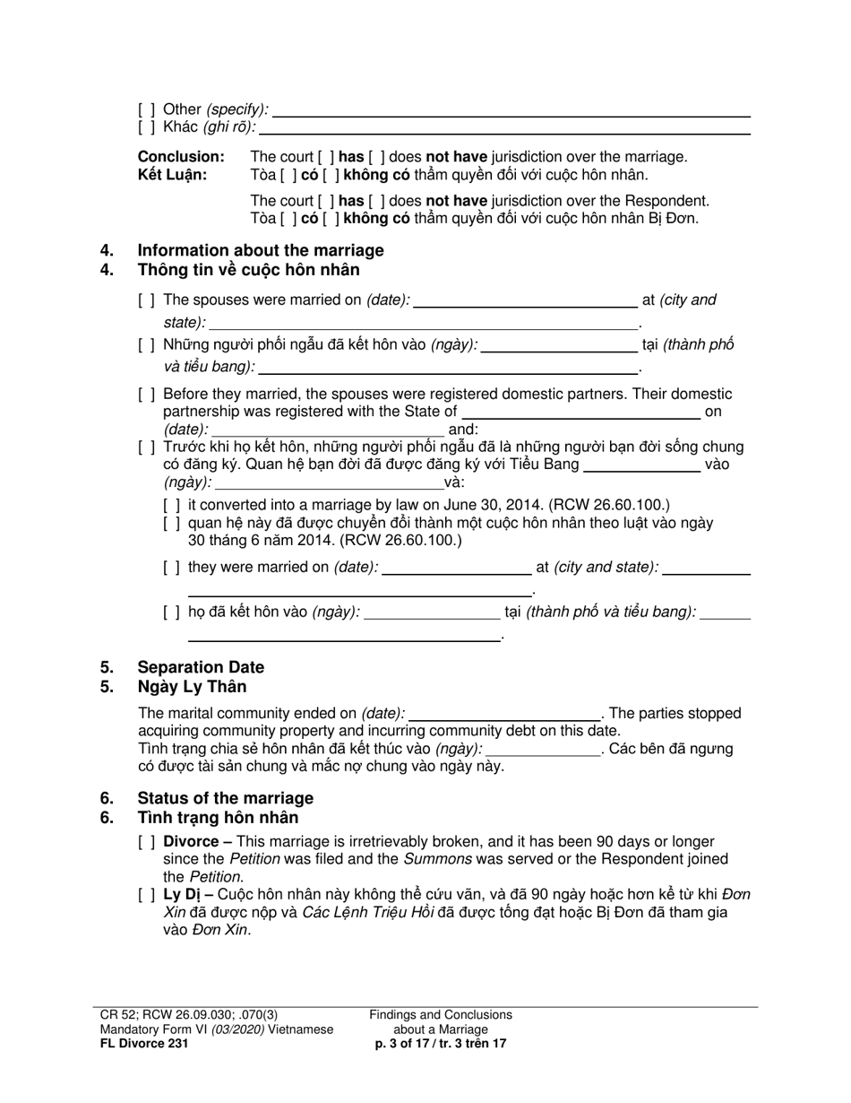 Form FL Divorce231 Findings and Conclusions About a Marriage - Washington (English / Vietnamese), Page 3