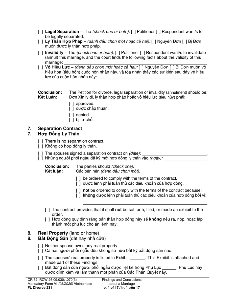 Form FL Divorce231 Findings and Conclusions About a Marriage - Washington (English / Vietnamese), Page 4