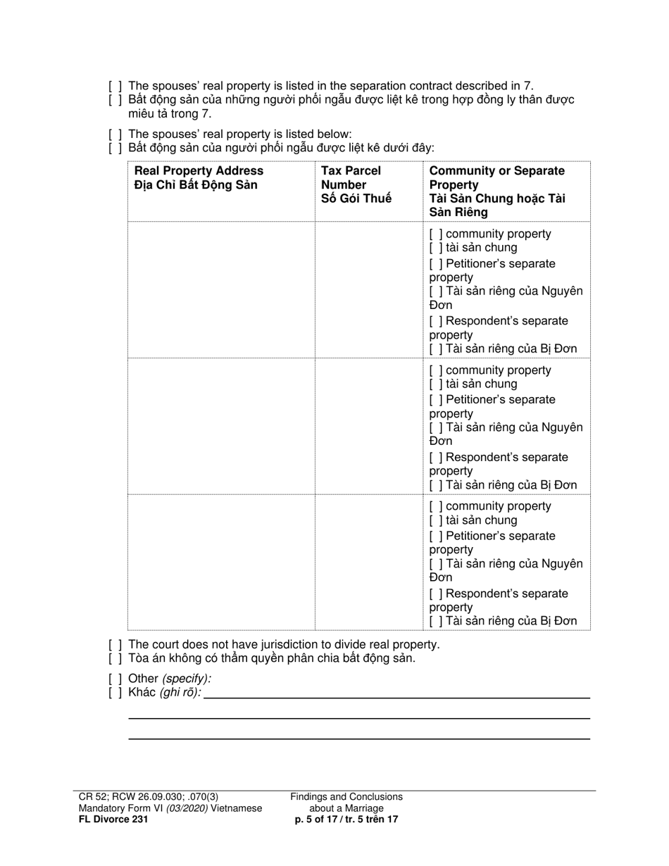 Form FL Divorce231 Findings and Conclusions About a Marriage - Washington (English / Vietnamese), Page 5