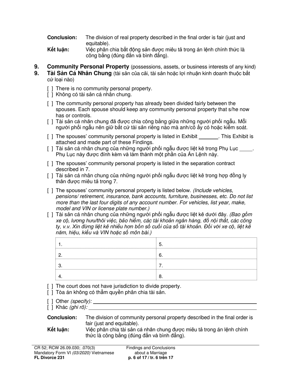 Form FL Divorce231 Findings and Conclusions About a Marriage - Washington (English / Vietnamese), Page 6