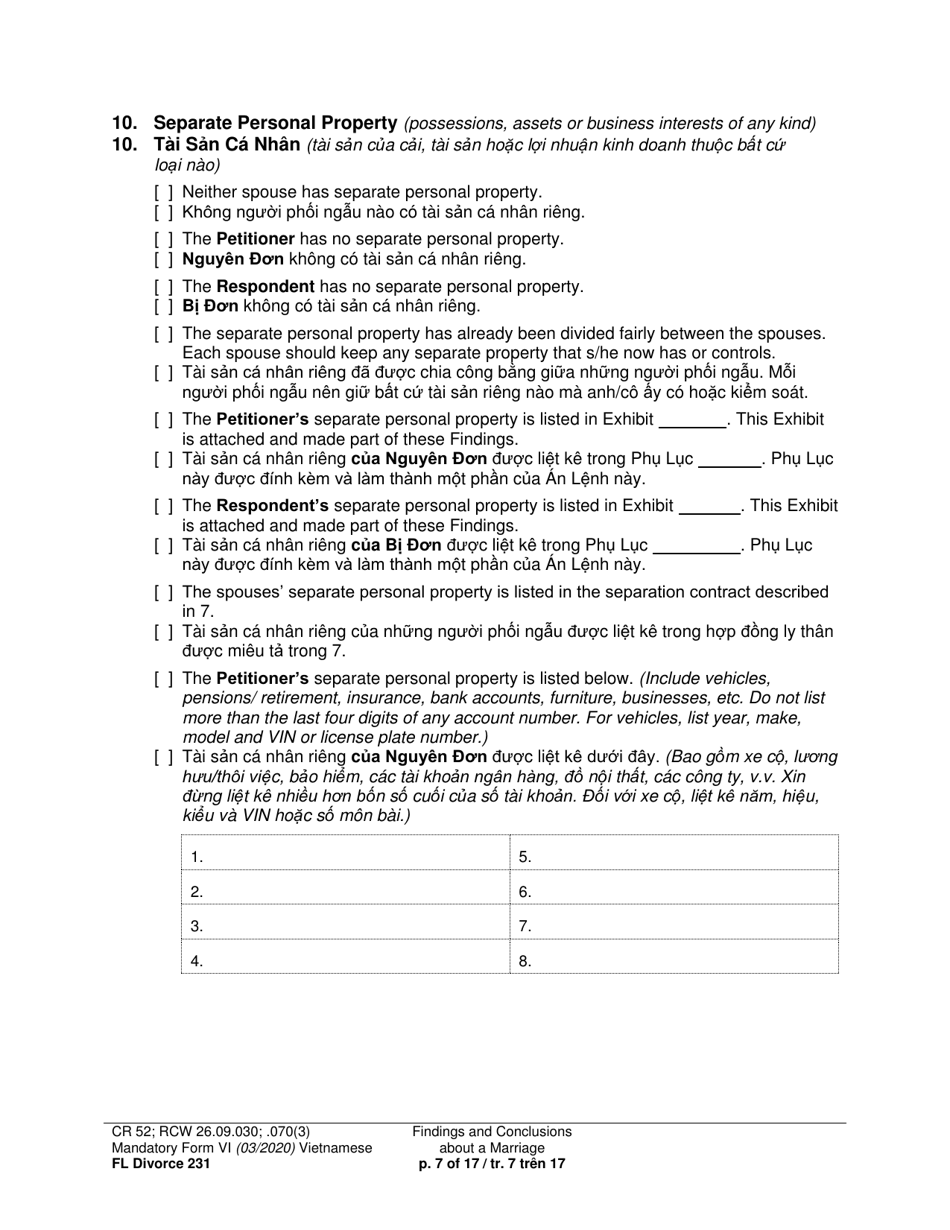 Form FL Divorce231 Findings and Conclusions About a Marriage - Washington (English / Vietnamese), Page 7