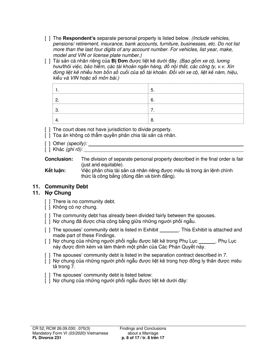 Form FL Divorce231 Findings and Conclusions About a Marriage - Washington (English / Vietnamese), Page 8