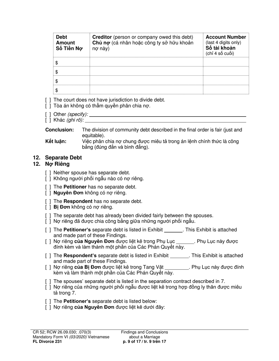 Form FL Divorce231 Findings and Conclusions About a Marriage - Washington (English / Vietnamese), Page 9