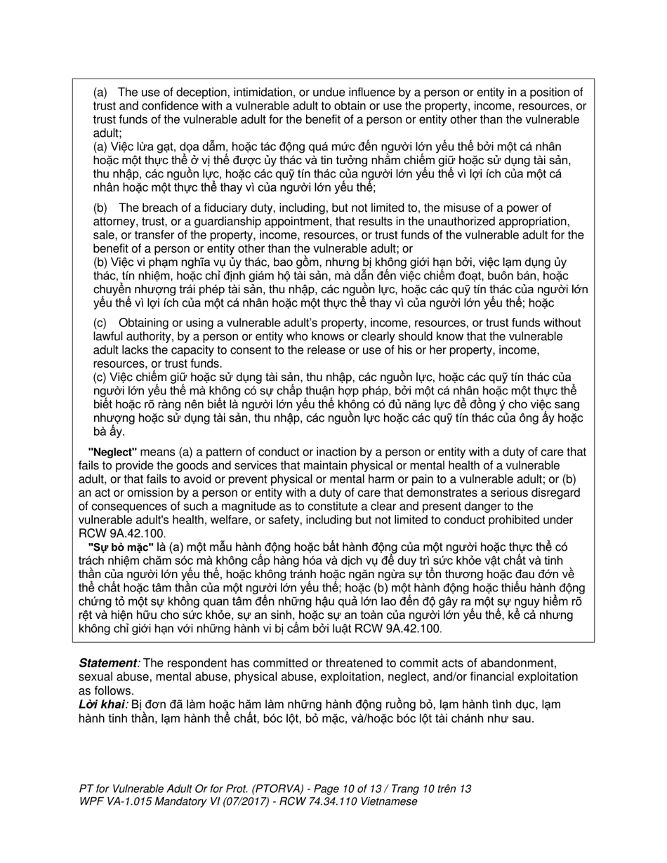 Form WPF VA-1.015 Petition for Vulnerable Adult Order for Protection - Washington (English / Vietnamese), Page 10