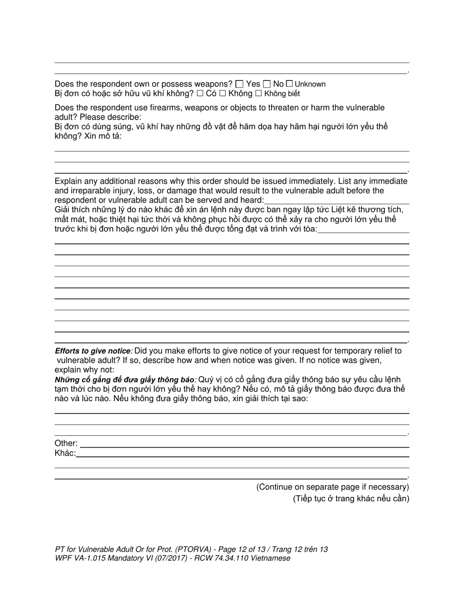 Form WPF VA-1.015 Petition for Vulnerable Adult Order for Protection - Washington (English / Vietnamese), Page 12