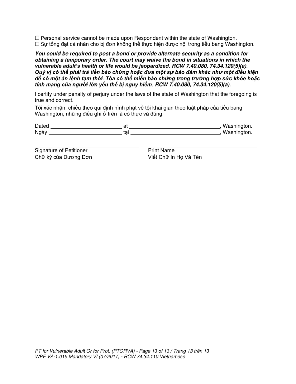 Form WPF VA-1.015 Petition for Vulnerable Adult Order for Protection - Washington (English / Vietnamese), Page 13