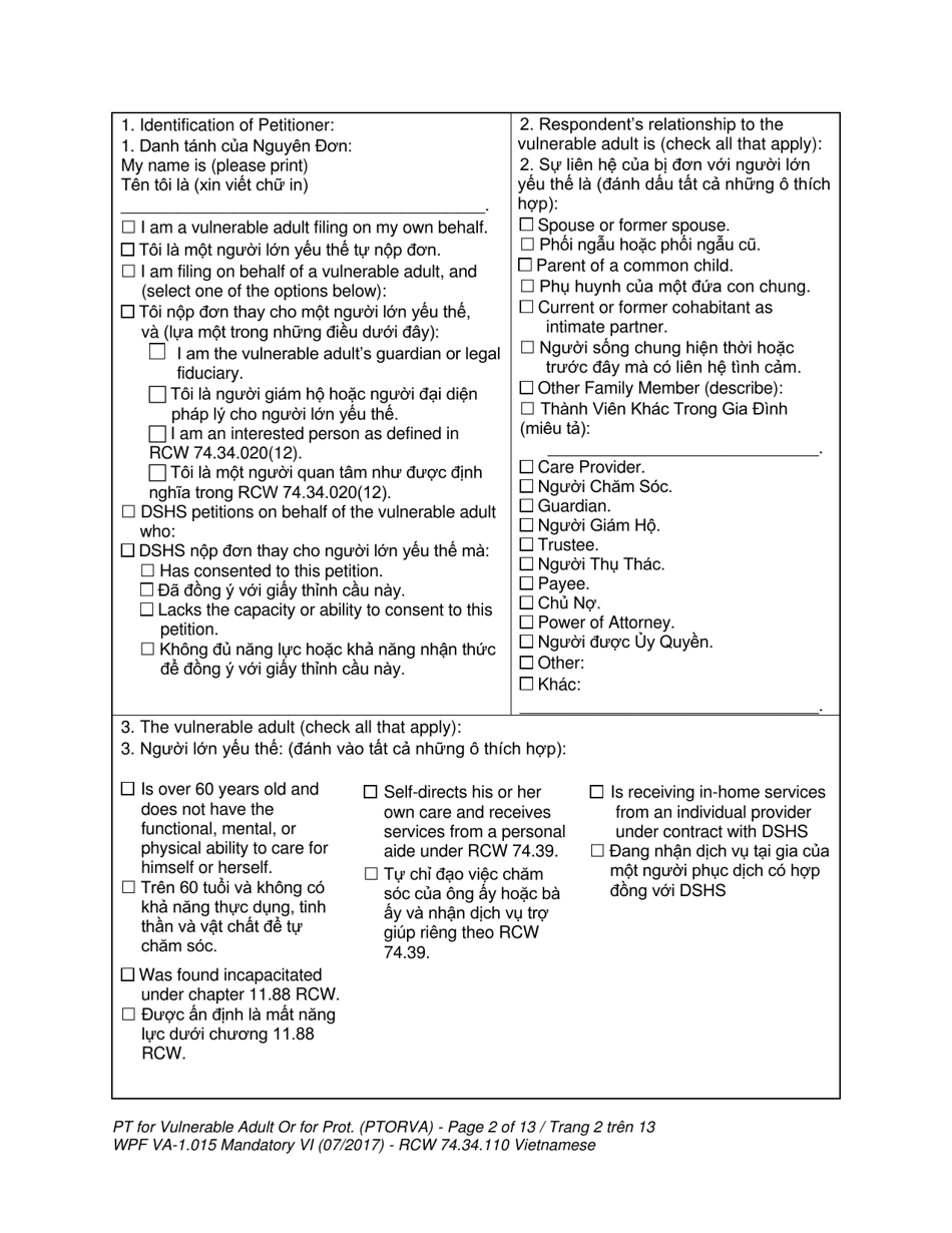 Form WPF VA-1.015 Petition for Vulnerable Adult Order for Protection - Washington (English / Vietnamese), Page 2