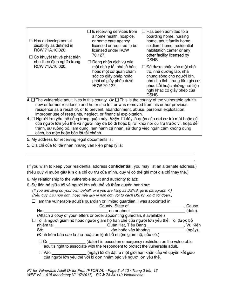 Form WPF VA-1.015 Petition for Vulnerable Adult Order for Protection - Washington (English / Vietnamese), Page 3