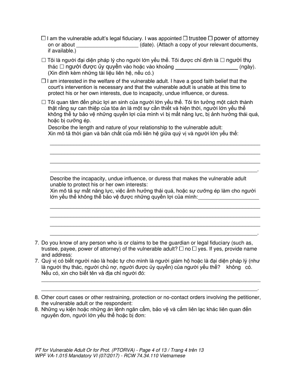 Form WPF VA-1.015 Petition for Vulnerable Adult Order for Protection - Washington (English / Vietnamese), Page 4