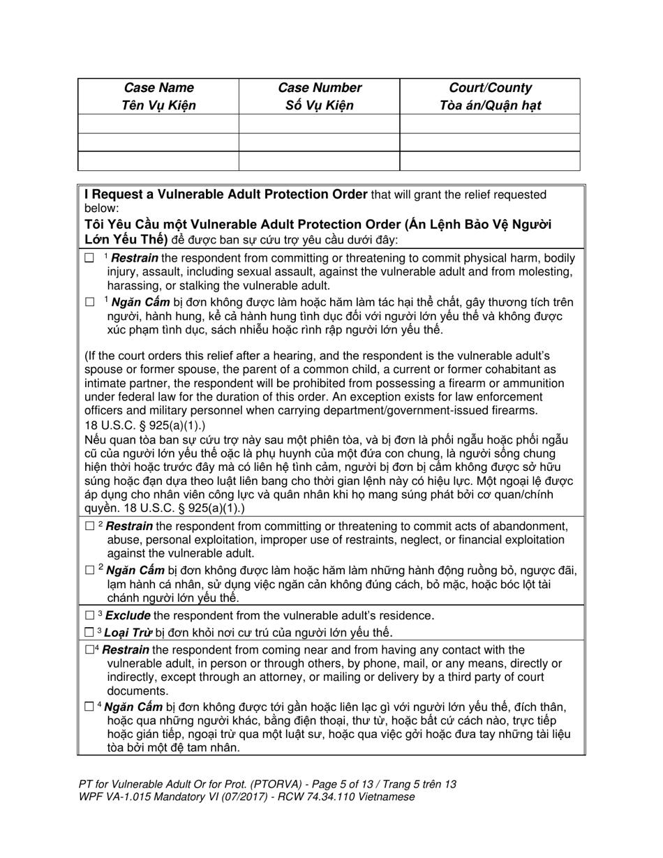 Form WPF VA-1.015 Petition for Vulnerable Adult Order for Protection - Washington (English / Vietnamese), Page 5