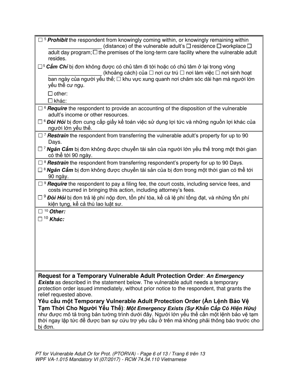 Form WPF VA-1.015 Petition for Vulnerable Adult Order for Protection - Washington (English / Vietnamese), Page 6