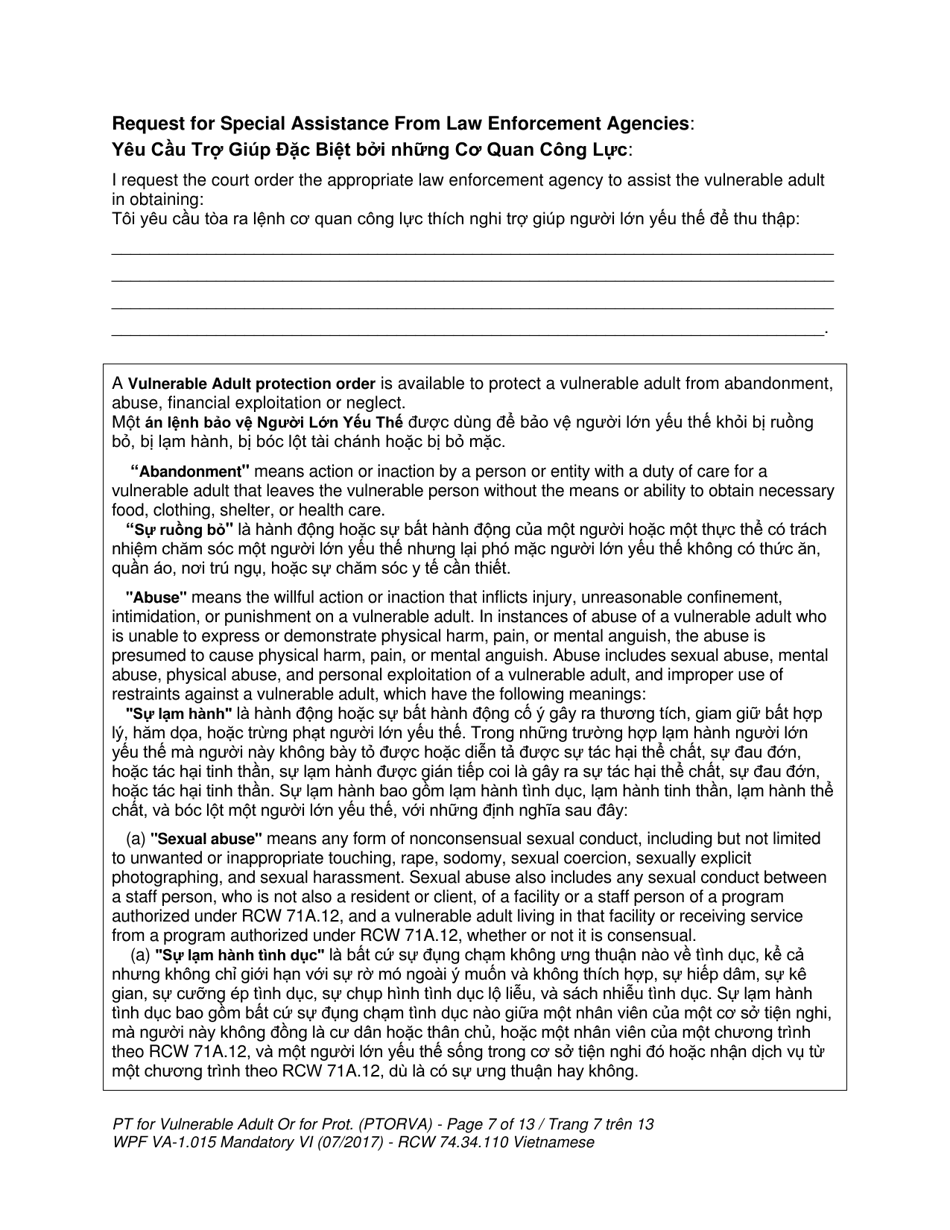 Form WPF VA-1.015 Petition for Vulnerable Adult Order for Protection - Washington (English / Vietnamese), Page 7