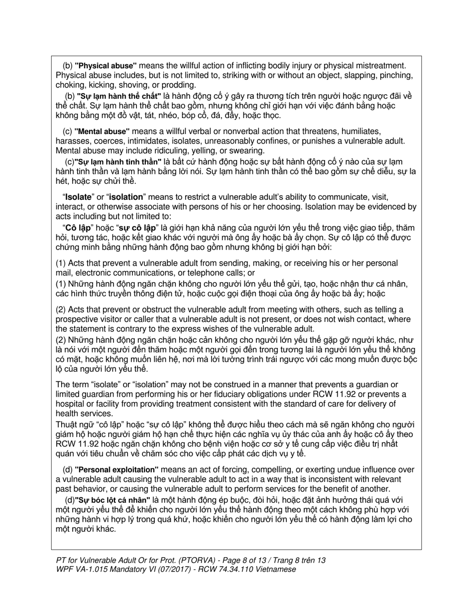 Form WPF VA-1.015 Petition for Vulnerable Adult Order for Protection - Washington (English / Vietnamese), Page 8
