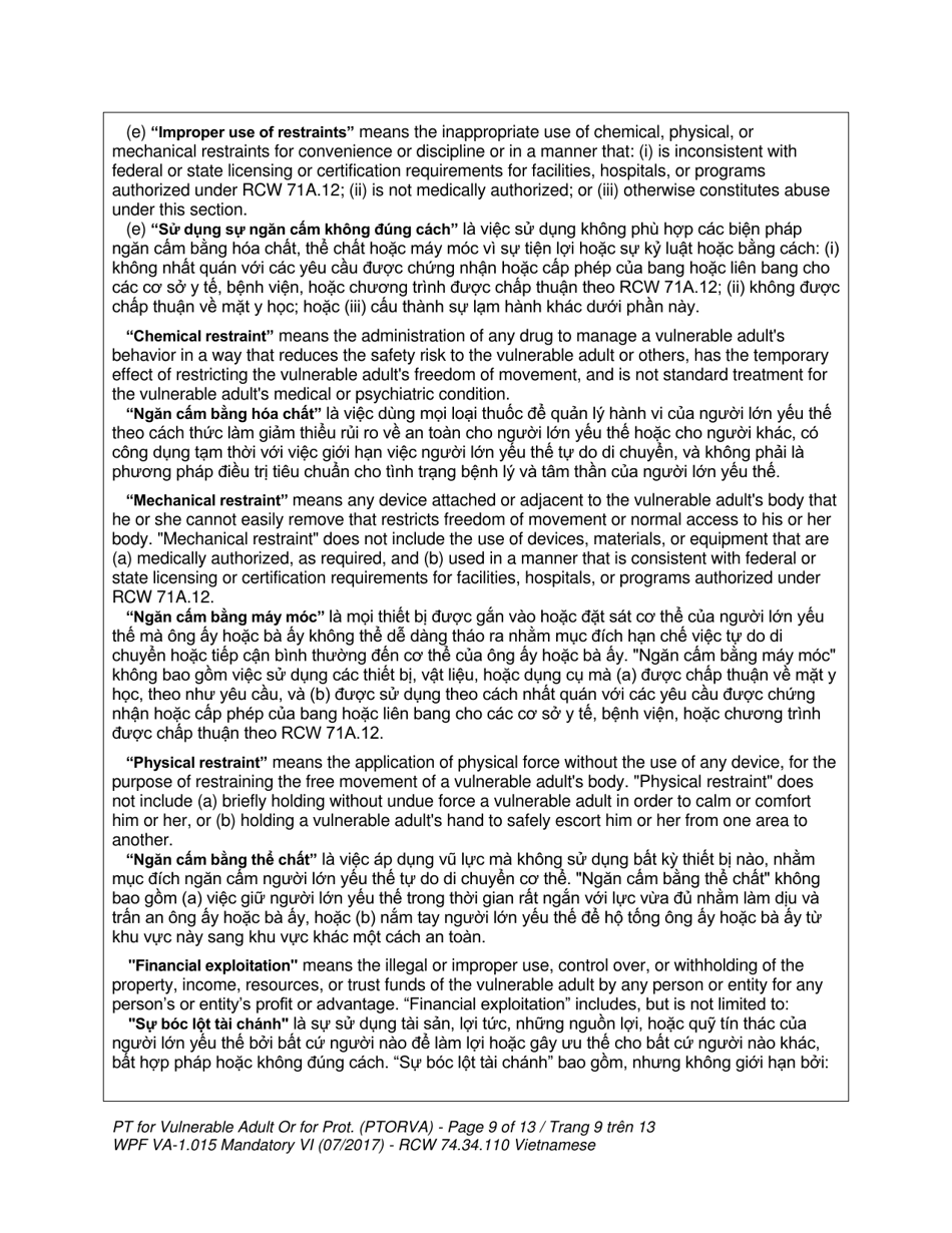 Form WPF VA-1.015 Petition for Vulnerable Adult Order for Protection - Washington (English / Vietnamese), Page 9