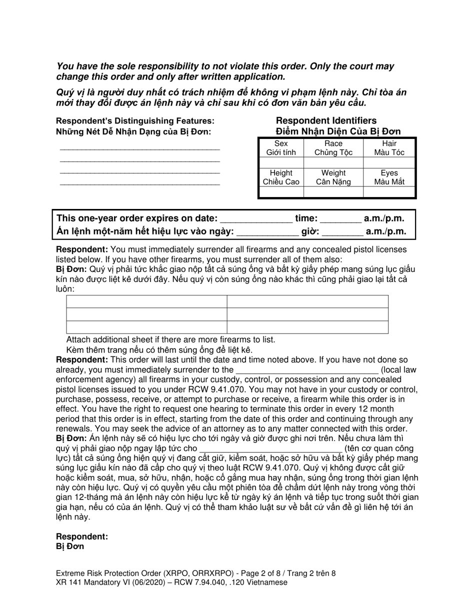 Form XR141 Extreme Risk Protection Order (Xrpo) - Washington (English / Vietnamese), Page 2