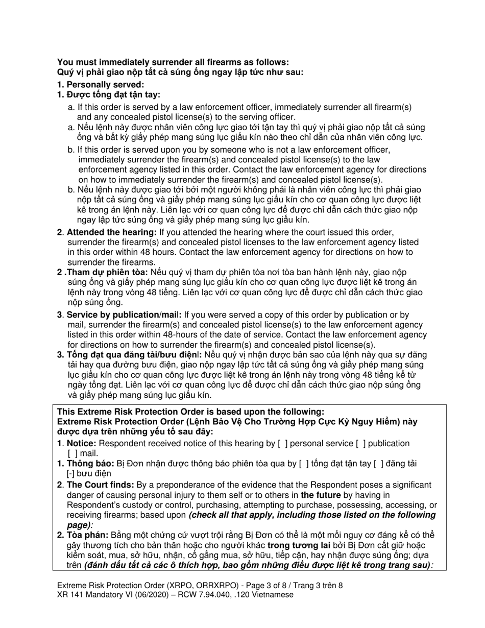 Form XR141 Extreme Risk Protection Order (Xrpo) - Washington (English / Vietnamese), Page 3