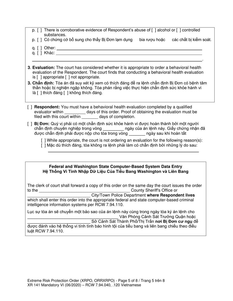 Form XR141 Extreme Risk Protection Order (Xrpo) - Washington (English / Vietnamese), Page 5