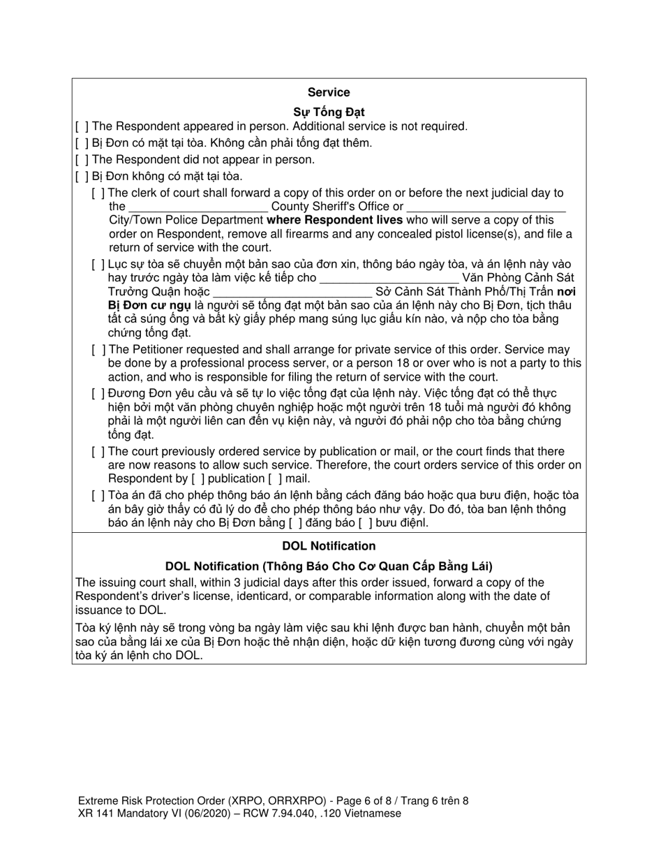 Form XR141 Extreme Risk Protection Order (Xrpo) - Washington (English / Vietnamese), Page 6