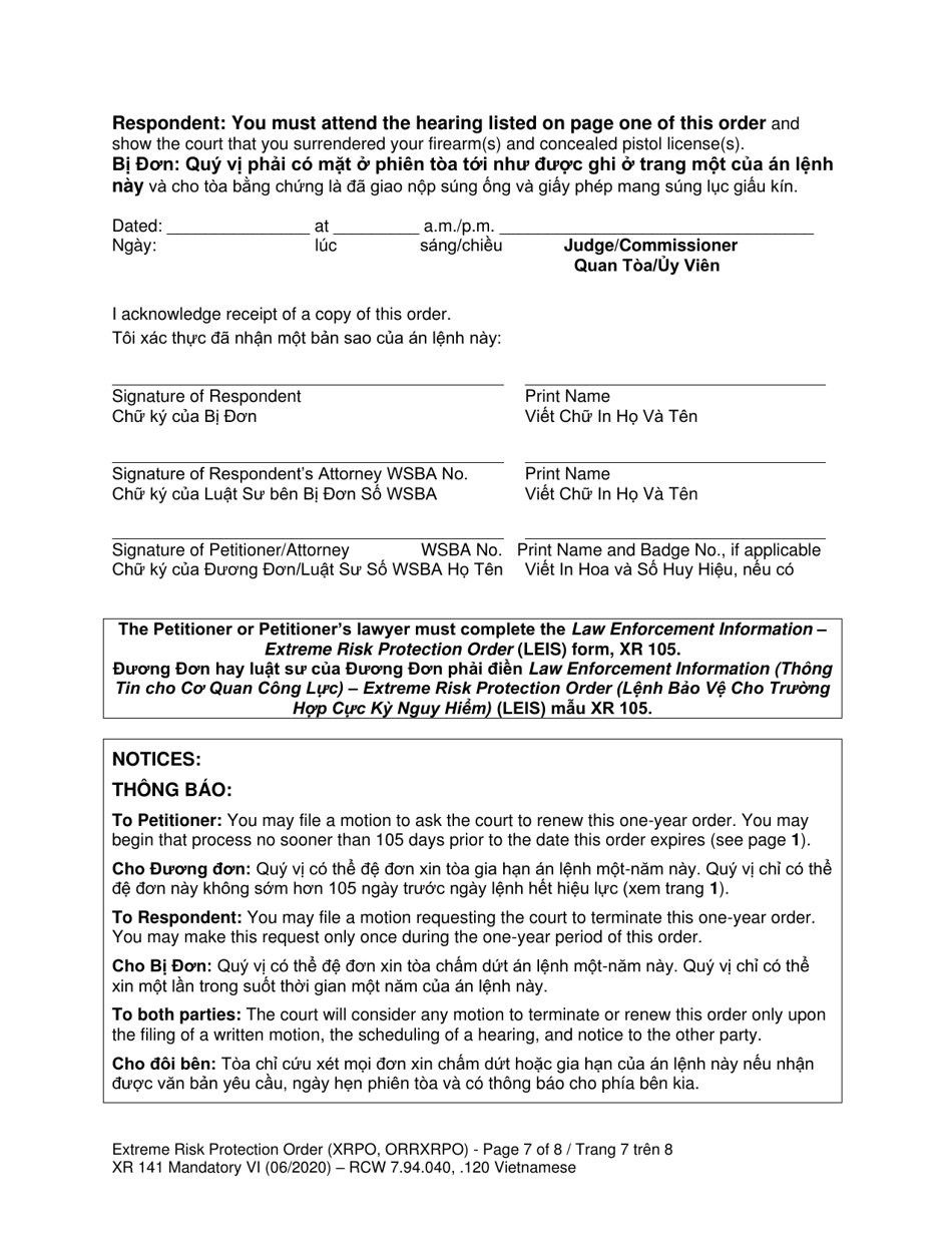 Form XR141 Extreme Risk Protection Order (Xrpo) - Washington (English / Vietnamese), Page 7