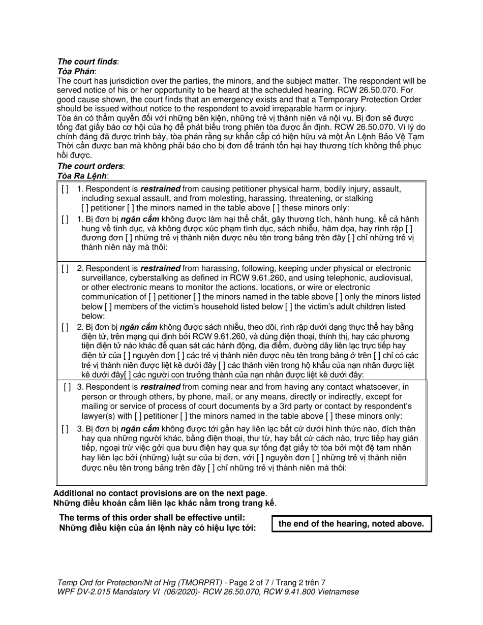 Form WPF DV-2.015 Temporary Order for Protection and Notice of Hearing (Tmorprt) - Washington (English / Vietnamese), Page 2